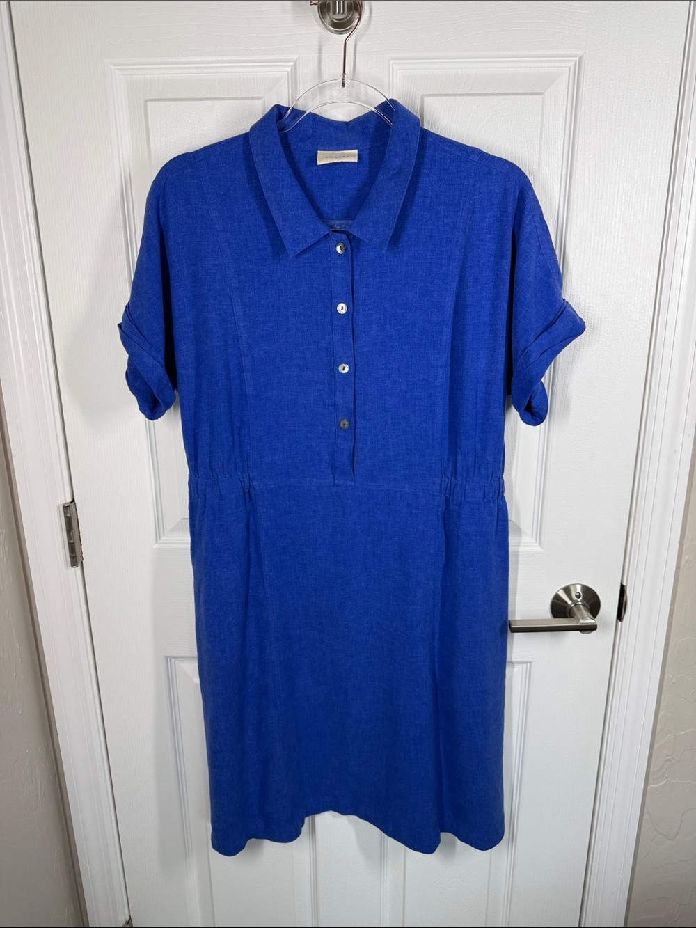 Poetry royal blue linen blend short sleeve collared dress with pockets size 8